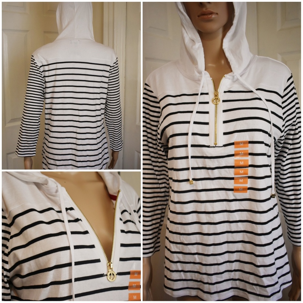 NEW! 3/4 Sleeve Striped Hooded Tunic w/Zipper (M)